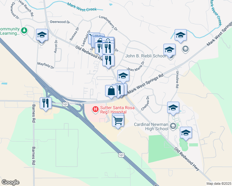 map of restaurants, bars, coffee shops, grocery stores, and more near 4042 Alexander David Court in Larkfield-Wikiup