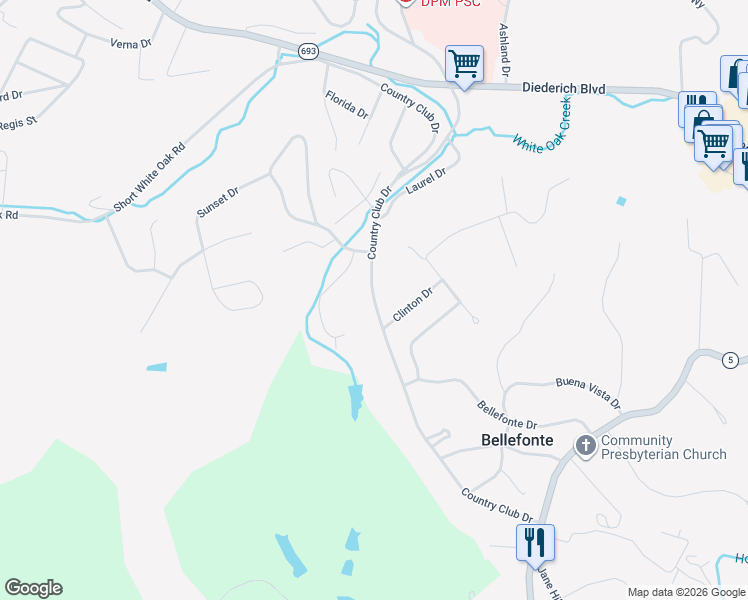 map of restaurants, bars, coffee shops, grocery stores, and more near Country Club Drive in Ashland