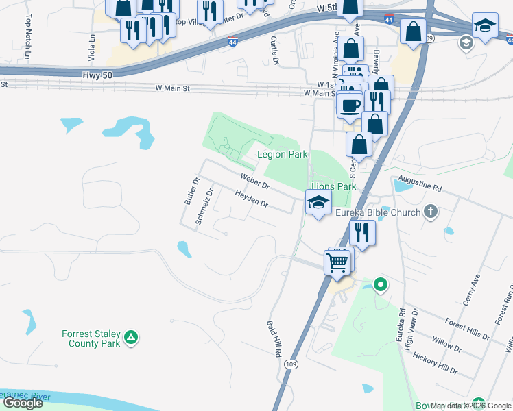 map of restaurants, bars, coffee shops, grocery stores, and more near 601 Hill Drive in Eureka