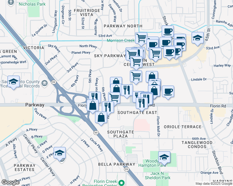 map of restaurants, bars, coffee shops, grocery stores, and more near 5601 Florin Road in Sacramento
