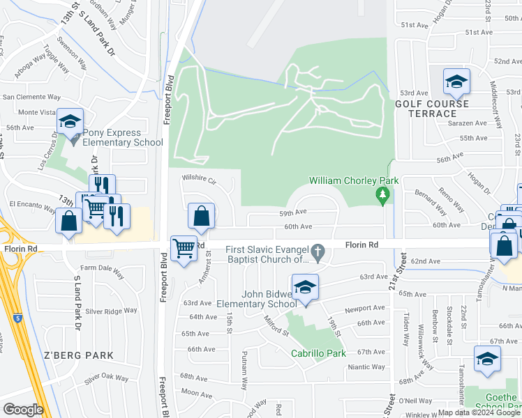 map of restaurants, bars, coffee shops, grocery stores, and more near 1631 59th Avenue in Sacramento