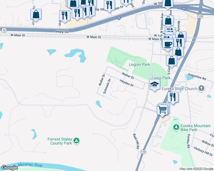 map of restaurants, bars, coffee shops, grocery stores, and more near 613 Schmelz Drive in Eureka