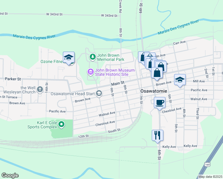 map of restaurants, bars, coffee shops, grocery stores, and more near 9th Street in Osawatomie