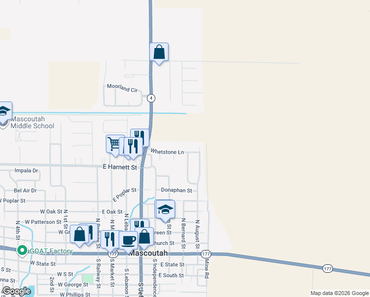 map of restaurants, bars, coffee shops, grocery stores, and more near 513 Whetstone Lane in Mascoutah