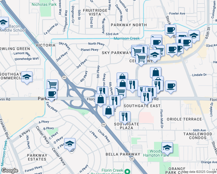 map of restaurants, bars, coffee shops, grocery stores, and more near 7121 6th Parkway in Sacramento