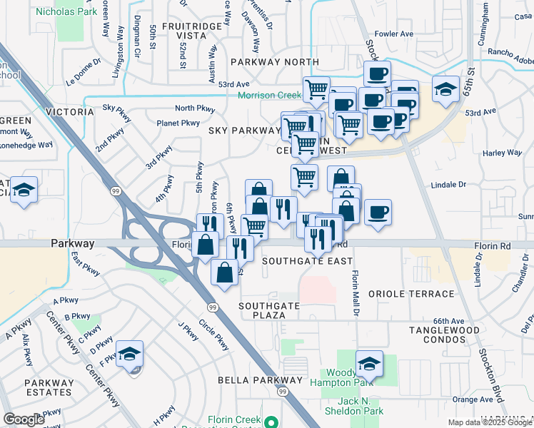 map of restaurants, bars, coffee shops, grocery stores, and more near 5601 Florin Rd in Sacramento