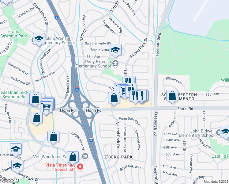 map of restaurants, bars, coffee shops, grocery stores, and more near 7048 13th Street in Sacramento