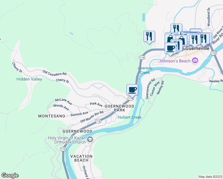 map of restaurants, bars, coffee shops, grocery stores, and more near 14165 Old Cazadero Road in Guerneville