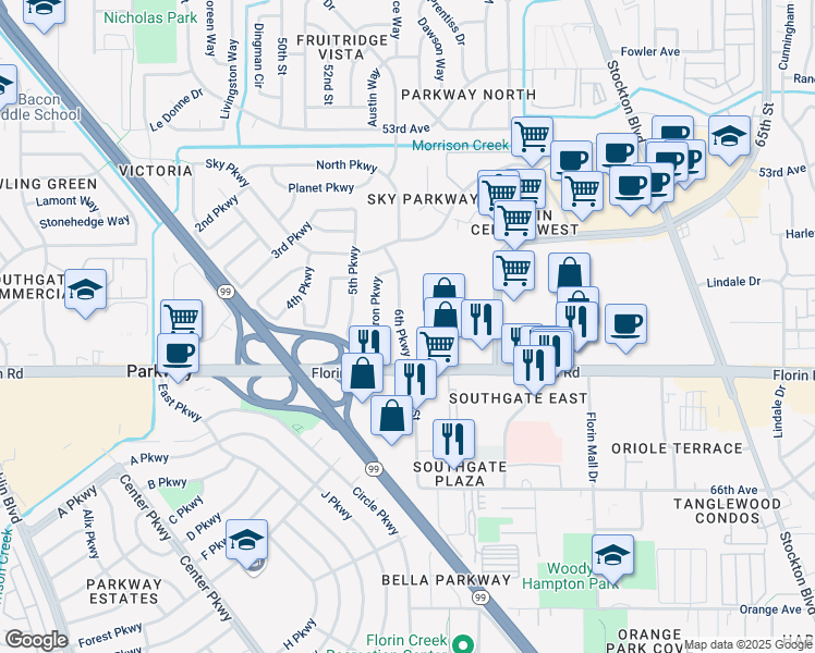 map of restaurants, bars, coffee shops, grocery stores, and more near 7121 6th Parkway in Sacramento