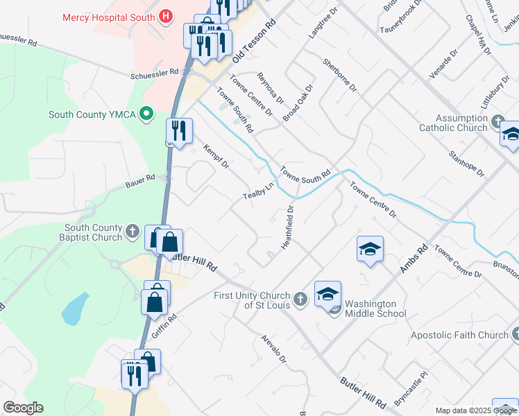 map of restaurants, bars, coffee shops, grocery stores, and more near 5005 Kempf Drive in St. Louis