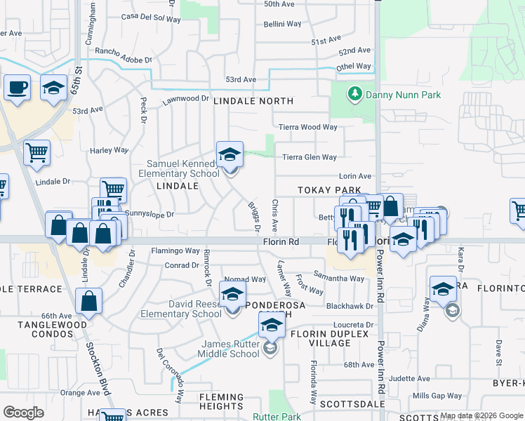 map of restaurants, bars, coffee shops, grocery stores, and more near 7141 Briggs Drive in Sacramento