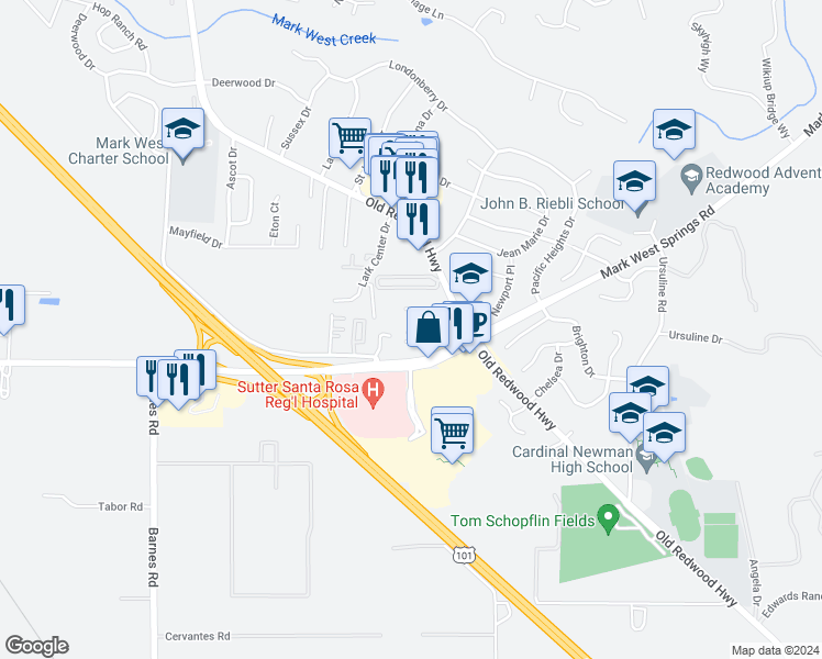 map of restaurants, bars, coffee shops, grocery stores, and more near 320 Sejong Lane in Santa Rosa