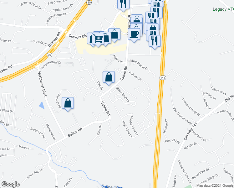 map of restaurants, bars, coffee shops, grocery stores, and more near 617 Stone Bluff Court in Fenton