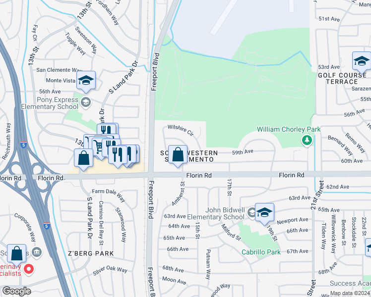map of restaurants, bars, coffee shops, grocery stores, and more near 7020 Wilshire Circle in Sacramento