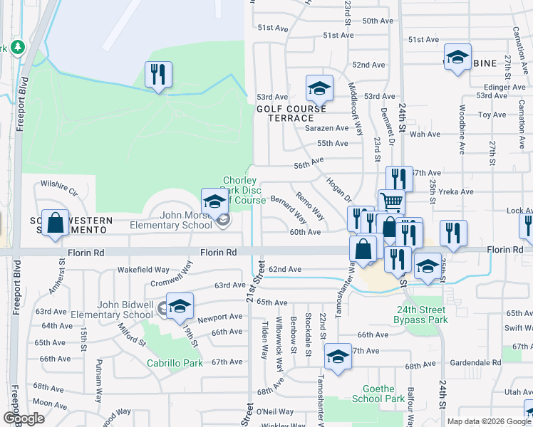 map of restaurants, bars, coffee shops, grocery stores, and more near 7065 21st Street in Sacramento