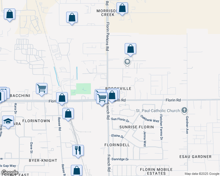 map of restaurants, bars, coffee shops, grocery stores, and more near 7109 Florin Perkins Road in Sacramento