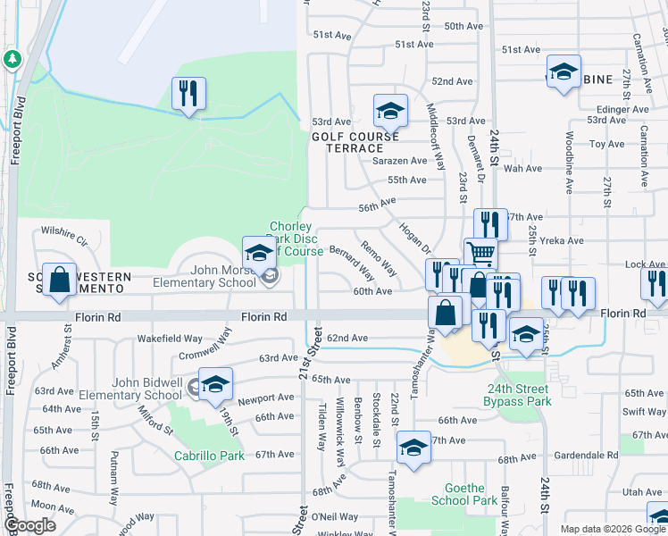 map of restaurants, bars, coffee shops, grocery stores, and more near 7065 21st Street in Sacramento