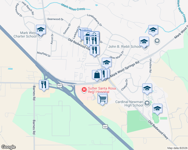 map of restaurants, bars, coffee shops, grocery stores, and more near 211 ESPOSTI Meadows Way in Santa Rosa