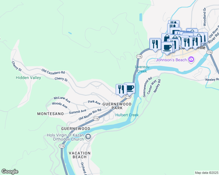 map of restaurants, bars, coffee shops, grocery stores, and more near 14165 Old Cazadero Road in Guerneville