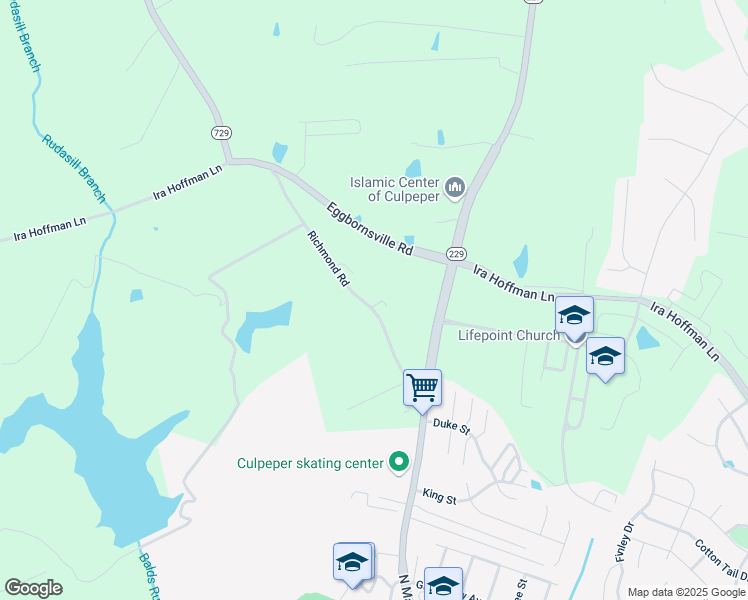 map of restaurants, bars, coffee shops, grocery stores, and more near 15057 Richmond Road in Culpeper