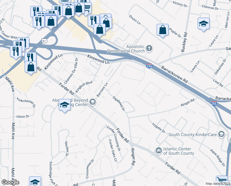 map of restaurants, bars, coffee shops, grocery stores, and more near 4231 Veranda Drive in St. Louis