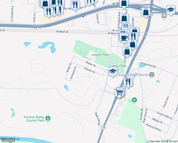 map of restaurants, bars, coffee shops, grocery stores, and more near 601 Hill Drive in Eureka