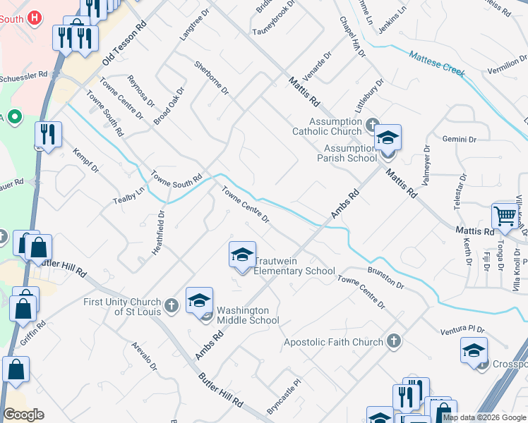 map of restaurants, bars, coffee shops, grocery stores, and more near 4771 Towne Centre Drive in St. Louis