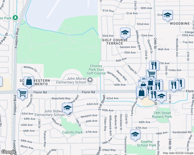 map of restaurants, bars, coffee shops, grocery stores, and more near 7000 20th Street in Sacramento