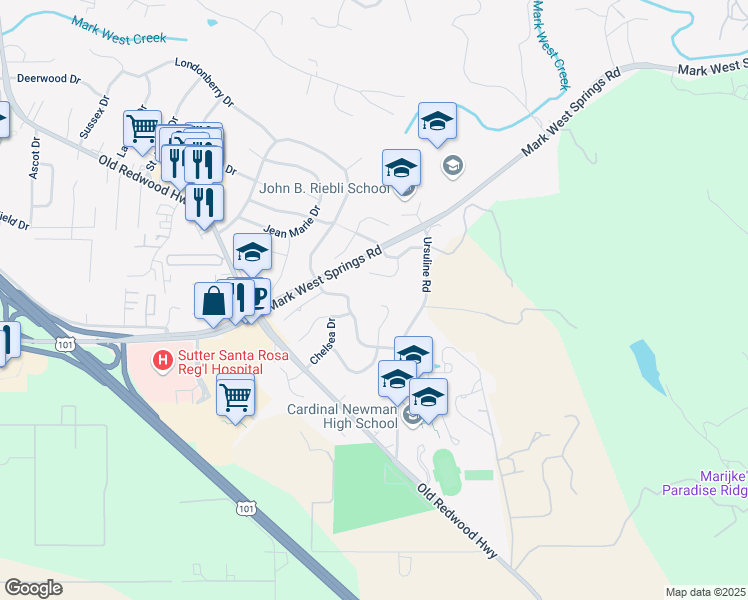 map of restaurants, bars, coffee shops, grocery stores, and more near 187 Dorchester Court in Santa Rosa