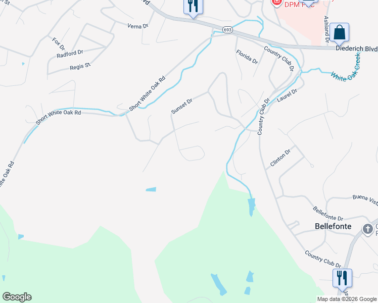 map of restaurants, bars, coffee shops, grocery stores, and more near 611 Sunset Drive in Ashland