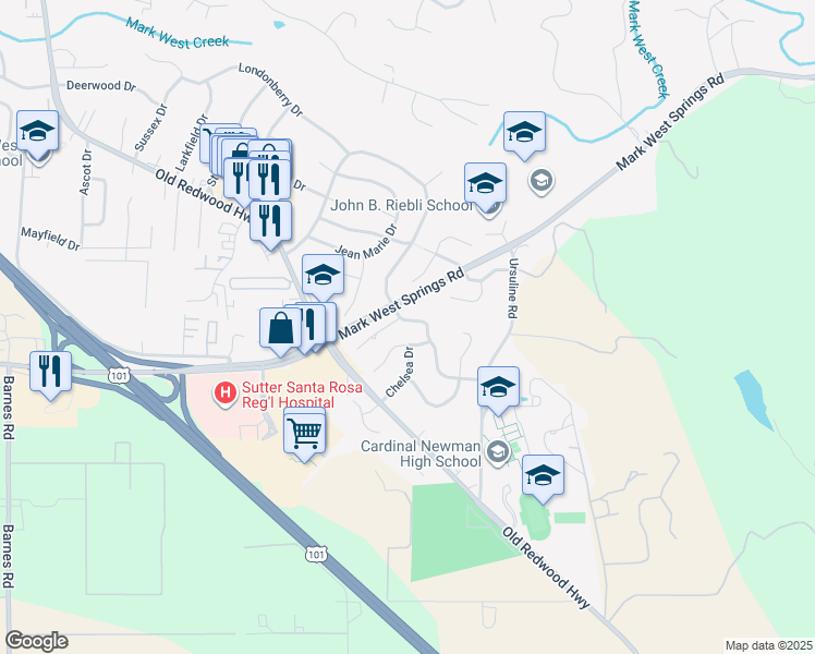 map of restaurants, bars, coffee shops, grocery stores, and more near 4567 Brighton Dr in Santa Rosa