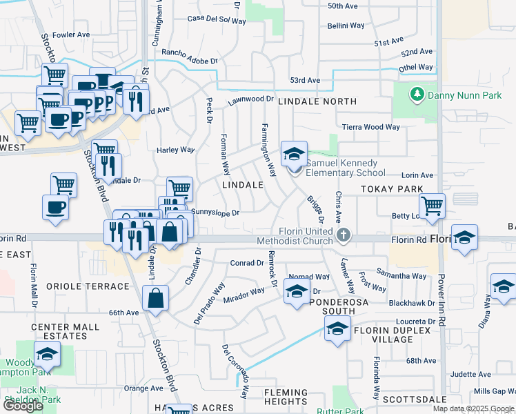 map of restaurants, bars, coffee shops, grocery stores, and more near 7015 Sunnyslope Drive in Sacramento