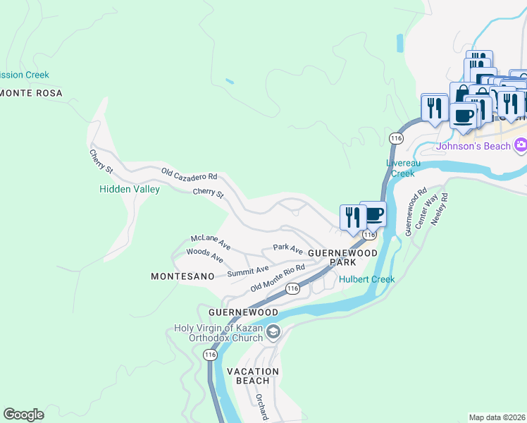 map of restaurants, bars, coffee shops, grocery stores, and more near 14425 Old Cazadero Road in Guerneville
