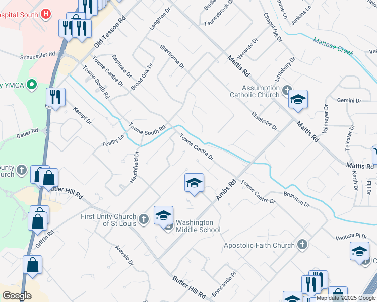 map of restaurants, bars, coffee shops, grocery stores, and more near 4902 Rainford Court in St. Louis