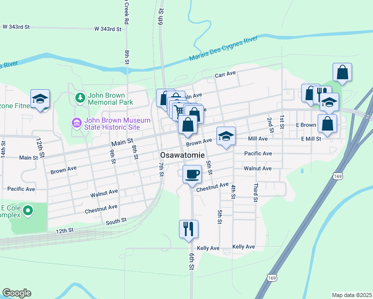 map of restaurants, bars, coffee shops, grocery stores, and more near in Osawatomie