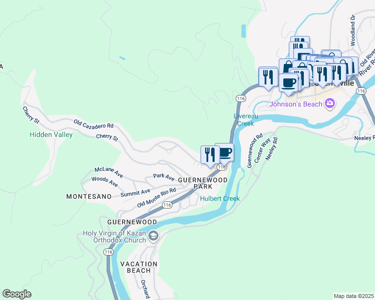 map of restaurants, bars, coffee shops, grocery stores, and more near 14165 Old Cazadero Road in Guerneville