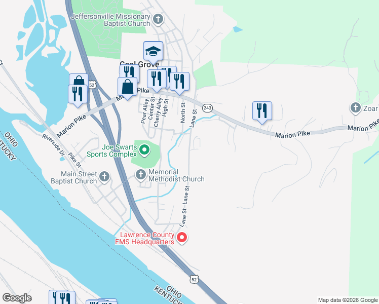 map of restaurants, bars, coffee shops, grocery stores, and more near 515 Lane Street in Coal Grove