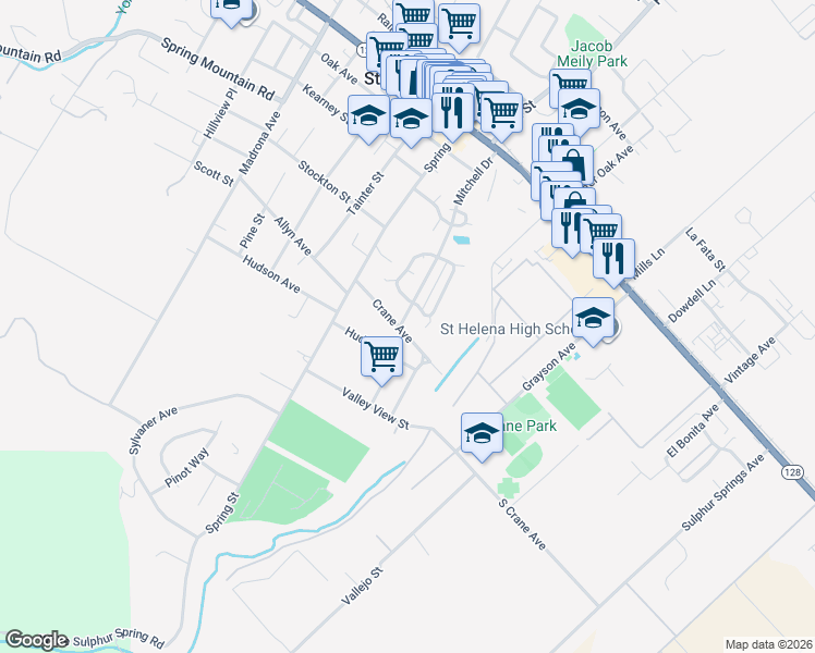 map of restaurants, bars, coffee shops, grocery stores, and more near 1000 Crane Avenue in Saint Helena