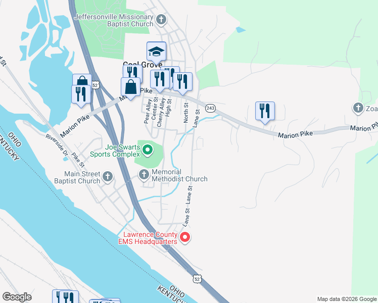 map of restaurants, bars, coffee shops, grocery stores, and more near 515 Lane Street in Coal Grove