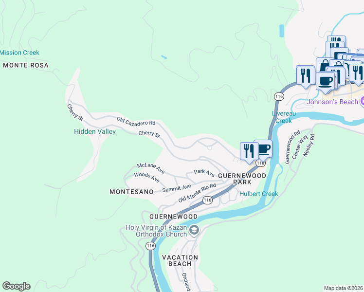 map of restaurants, bars, coffee shops, grocery stores, and more near 14425 Old Cazadero Road in Guerneville