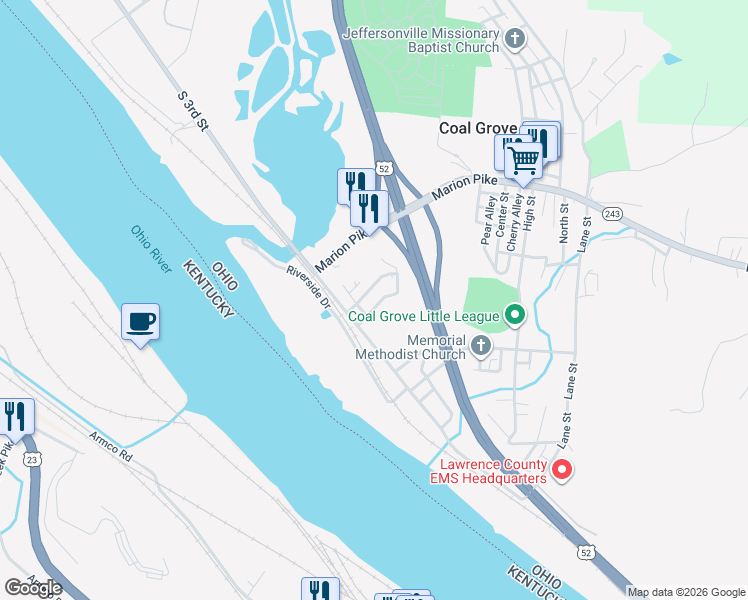 map of restaurants, bars, coffee shops, grocery stores, and more near 115 Stanley Street in Coal Grove