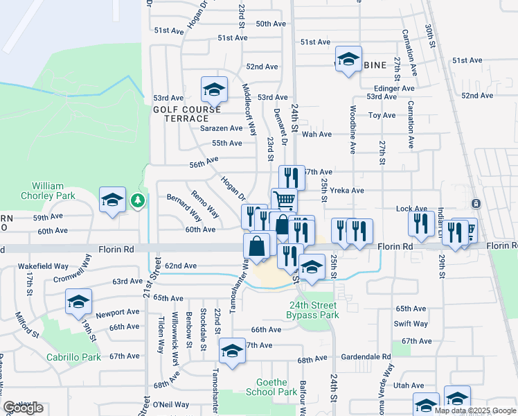 map of restaurants, bars, coffee shops, grocery stores, and more near 7079 Hogan Drive in Sacramento