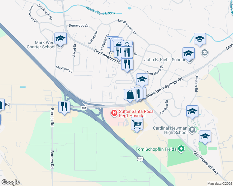 map of restaurants, bars, coffee shops, grocery stores, and more near 98 Lark Center Drive in Santa Rosa