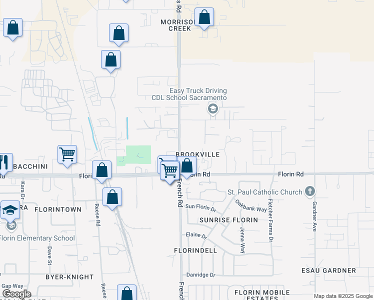 map of restaurants, bars, coffee shops, grocery stores, and more near 7105 Florin Perkins Road in Sacramento