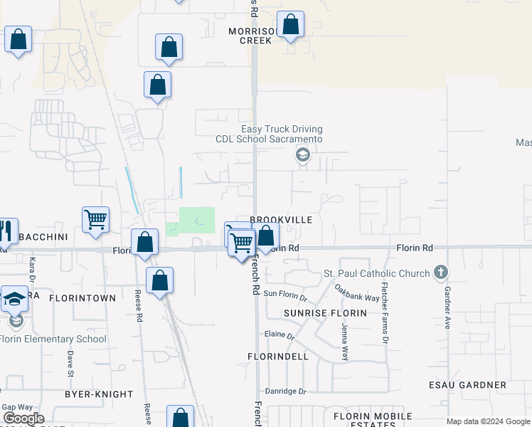 map of restaurants, bars, coffee shops, grocery stores, and more near 7105 Florin Perkins Road in Sacramento