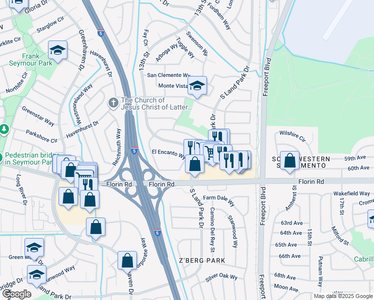 map of restaurants, bars, coffee shops, grocery stores, and more near 7036 13th Street in Sacramento