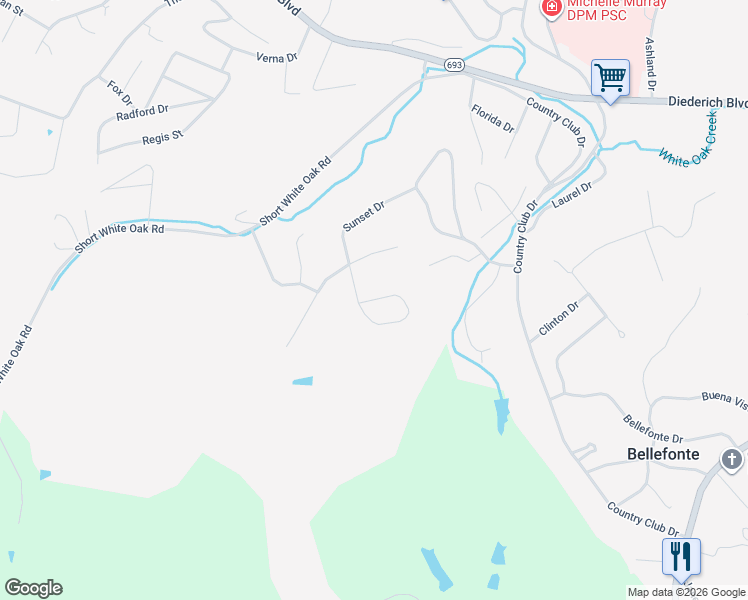 map of restaurants, bars, coffee shops, grocery stores, and more near 611 Sunset Drive in Ashland