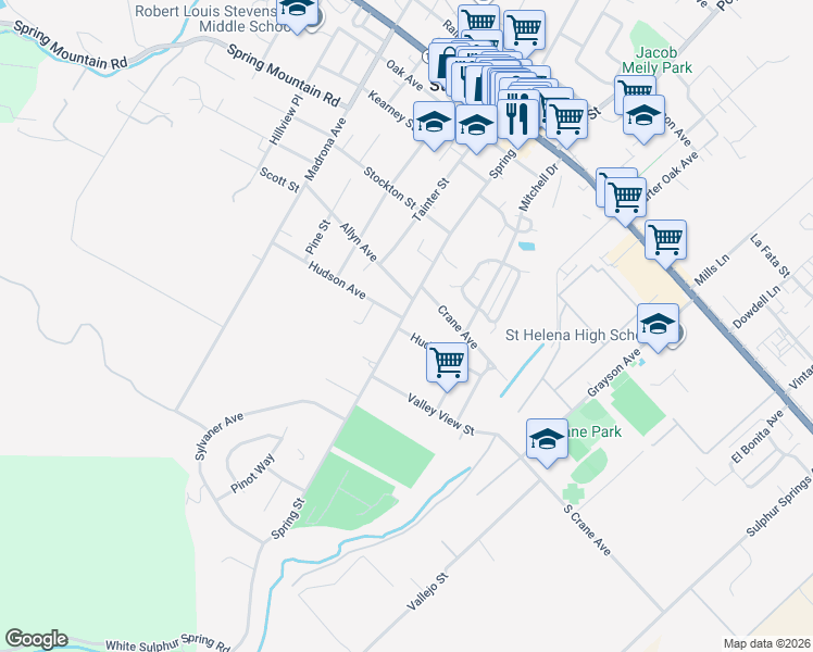map of restaurants, bars, coffee shops, grocery stores, and more near 1190 Hudson Avenue in Saint Helena