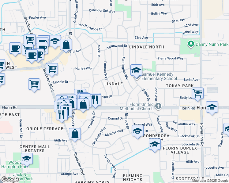 map of restaurants, bars, coffee shops, grocery stores, and more near 7015 Sunnyslope Drive in Sacramento