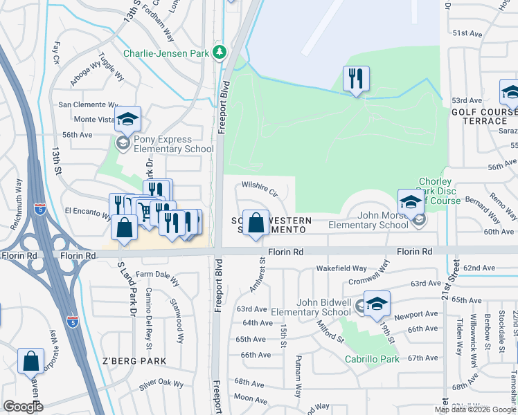 map of restaurants, bars, coffee shops, grocery stores, and more near 7020 Wilshire Circle in Sacramento